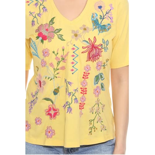 Johnny Was Maureen Trapunto 3/4 Tee Shirt Floral Embroidery Top Citron Yellow New4