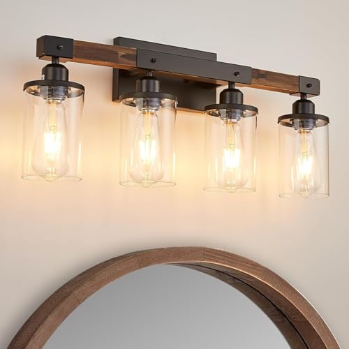 Image of 4-Light Bathroom Vanity Light, Farmhouse Bathroom Fixtures Over Mirror, Rustic Industrial Wood Black Wall Lamp Sconce Light with Clear Glass Shade