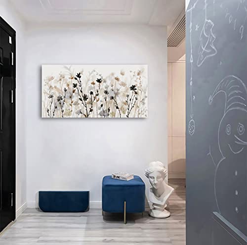 Image of Abstract Floral Canvas Wall Art Grey Cream White Grass Flowers Canvas Pictures Modern Landscape Painting Botanic Artwork for Living Room Bedroom Kitchen Office Wall Decor Ready to Hang 20 inch x 40 inch