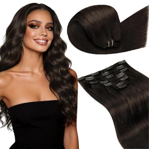 Image of LaaVoo Human Hair Clip In Extensions, For Fullness, 22 Inch | Roasted Darkest Brown Tone, 120g 7pcs, Extensions For Women Real Hair, Soft, Thick Full