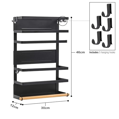 Image of Kuber Industries 2 Tier Iron Fridge Side Rack with 3 Towel /Tissue Holder & Hooks Hanger Magnetic Kitchen Organizer Shelf for Refrigerator | Black