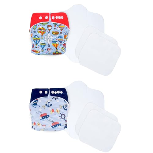 Image of Ambaby Cloth Diapers Combo Pack Quick Dry Comfort Gots Certified Free Size Button Adjustable, Washable, Reusable, Multilayered Cotton Pads And Boosters, Parachute And Sea Sailor Printed - Pack Of 2