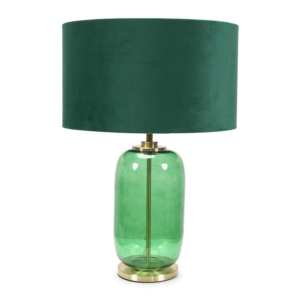 Valuelights Including Bulb | Forest Green Glass And Gold Detail Table Lamp With Velvet Drum Shade | Home Décor, Bedside & Desk Lamp | Includes Bulb