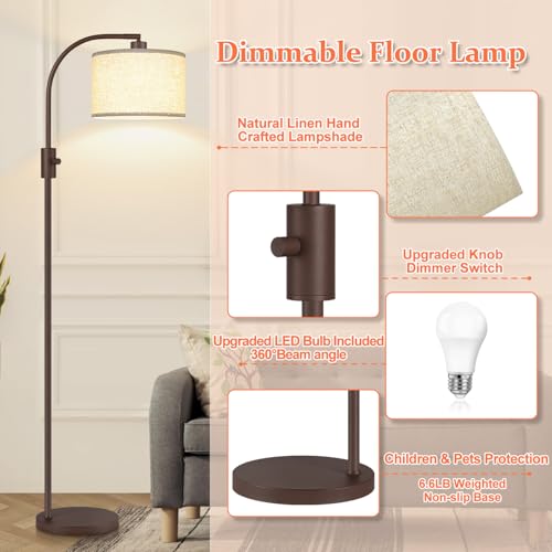 Image of Nintiue Upgraded Modern Arc Dimmable Tall Standing Floor Lamp with Linen Shade, 1200 Lumens LED Bulb Included, for Living & Reading Room, Bedroom, Office & Nursery, Matte Brown