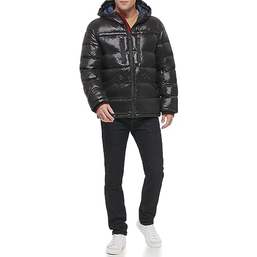 Image of Tommy Hilfiger Mens Tommy Hilfiger Men's Shiny Midweight Logo Puffer