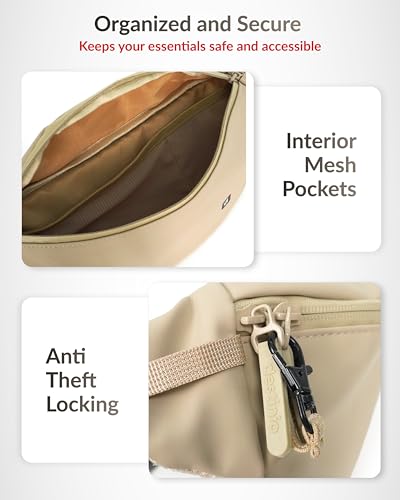 Image of Destinio Waist Bag for Man Woman - Anti Theft, Waterproof Zippers and Back Pocket - Large Travel Waist Pouch, Fanny Pack, Belt & Hip Bag for Hiking, Passport, Gym (Beige)