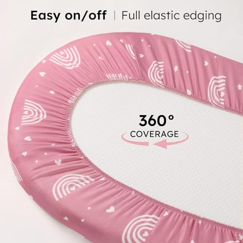 Image of Baby Bassinet Sheets, 3 Pack Fitted Bassinet Mattress Sheets, Compatible with Halo Bassinest Swivel Sleeper & Oval Hourglass Rectangle Mattress, Ultra Soft Pink Rainbow