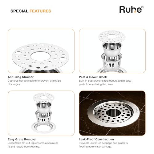 Image of Ruhe Round Floor Drain with Lock and Hole (5 Inches) | 304-Grade Stainless Steel Drain Jali with Cockroach Trap | Floor Drainer for Bathroom