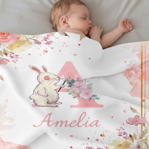 Image of Personalized Baby Blanket with Name, Custom Baby Blanket for Girls Soft Flanne Blankets in Easter Personalized Baby Gifts for Infant Newborn Shower