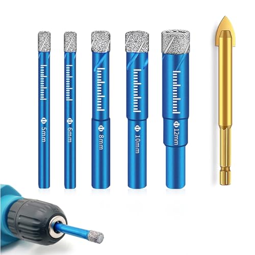 5PCS Brocas de Diamante con Vástago 5/6/8/10/12 mm, Brocas para Porcelánico Cerámica Granito Mármol Gres Azulejos Vidrio, Juego de Brocas Porcelanico, Alta Precisión y Larga Durabilidad