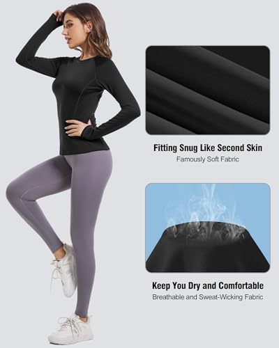 Image of Womens Long Sleeve Compression Shirts Sun Protection Workout Underscrubs | UPF 50+ breathable UV SPF rash guard, Moisture wicking dry fit cooling undershirt, Snug stretch tops for gym & daily wear