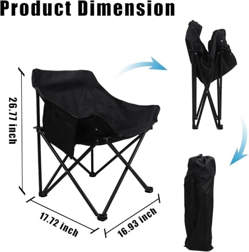 Image of Frevrons Foldable Camping Moon Chair with High Back - Lightweight Portable Outdoor Folding Chair Side Pocket - Heavy Duty X-Frame for Balcony, Garden, Hiking & Travel (Black) (FISHING BLACK CHAIR)