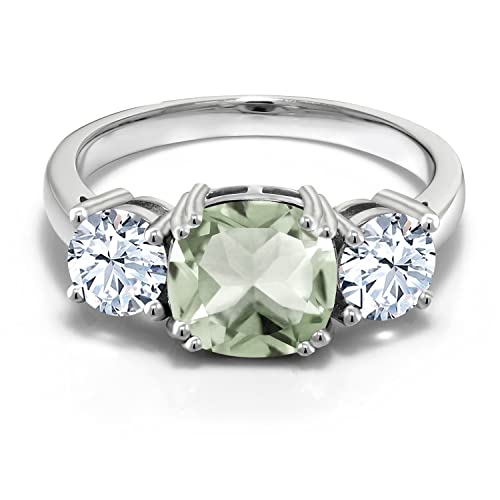 Gem Stone King 925 Sterling Silver Green Prasiolite and White Zirconia 3 Stone Engagement Ring For Women (3.55 Cttw, Gemstone, Cushion 8MM, Available in Size 5,6,7,8,9)2