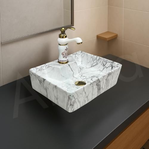 Image of Artiva Designer Ceramic Table Top Wash Basin For Bathroom /Wall Mounted Bathroom Sink /Wall Hung Washbasin /White Wash Basin For Cabinet, Countertop, Vanity (Statuario White 16 x 12 x 5 Inch)