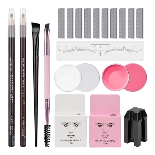 ATOMUS Brow Mapping Kit with 10m Pink & White Mapping String 20g White & Pink Brow Paste 50pcs Eyebrow Ruler Stickers 2 Brow Brushes 2pcs Eyebrow Pencil 1pc Sharpener 10pcs Blades
