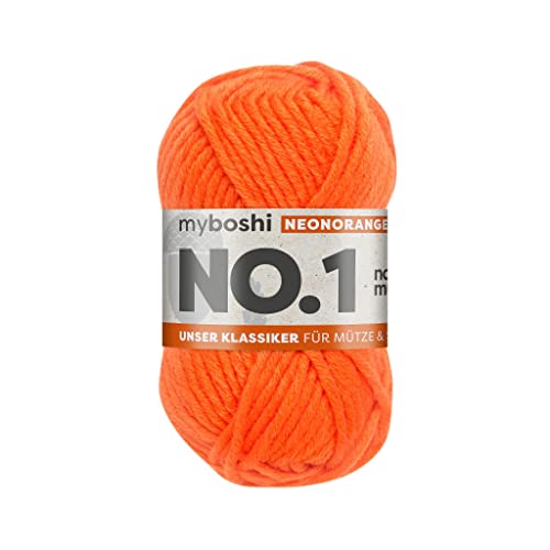 myboshi No.1 Wolle zum Häkeln und Stricken, Schnellstrickgarn, langlebige Mützenwolle, Strickwolle, Häkelwolle, mulesing-frei, 50g, Ll 55m Neonorange, 1 Knäuel