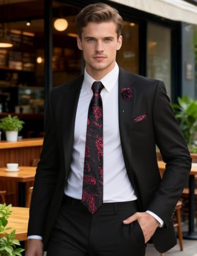Image of Barry.Wang Paisley Tie Sets Hanky Cuff Links Flower Neckties Fashion