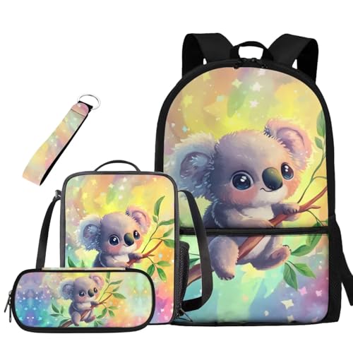 Cute Koala School Bags for Girls 10-12 Kids 17 Inch Large Capacity Bookbag with Front Compartment Set of 4 School Backpack with Lunch Box Pencil Case and Keychain for Middle School