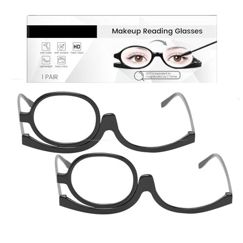 Makeup Reading Glasses For Women, Rotatable Beauty Aid Glasses, 1.7x Magnification + 180° Adjustable Anti-Fog Lens Portable Folding Makeup Set for Womens With Flip-Down Single Lens Rotating (2Pc)