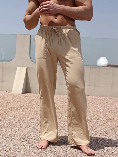 ALSOGO Men's Casual Linen Pants Elastic Drawstring Waist Summer Beach Yoga Long Trousers with Pockets3