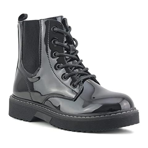 Girls Youth Kids Patent Shine Lace Up Zip Fasten Combat Fashion Casual School Ankle Boots (Black, uk_footwear_size_system, big_kid, numeric, medium, numeric_5) Cover