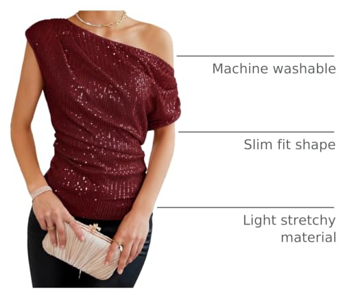Image of GRACE KARIN One Shoulder Sequin Sparkly Tops for Women Ruched Asymmetrical Glitter Tops Slimming Sparkle Party Shirts