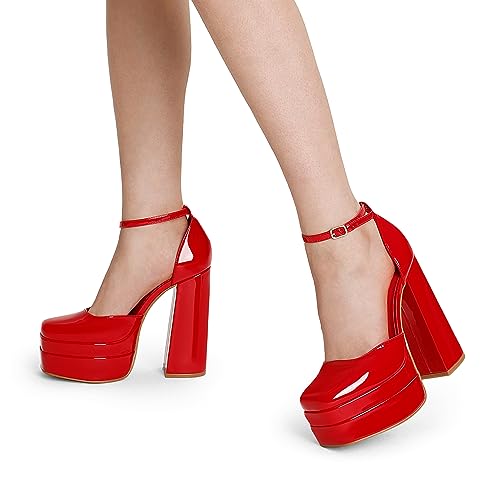 Image of DREAM PAIRS Women's High Chunky Platform Closed Toe Block Heels Square Toe Ankle Strap Dress Wedding Party Pumps Shoes Aurelia