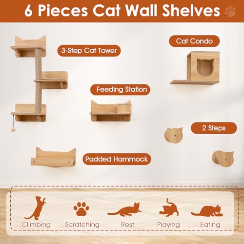 Juego de 6 Estantes de Pared para Gatos con Hamaca y Rascador miniatura 3