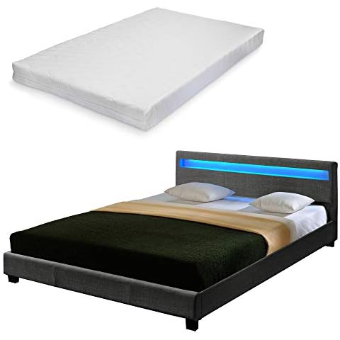 Cama Moderna de Tela, LED- Cama de Matrimonio 180x200cm - Gris Oscuro Cover