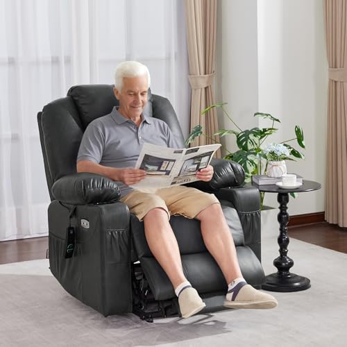 Image of MCombo Electric Power Lift Recliner Chair Sofa with Massage and Heat for Elderly, 3 Positions, 2 Side Pockets, and Cup Holders, USB Ports, Faux Leather 7040 (Grey, Medium)
