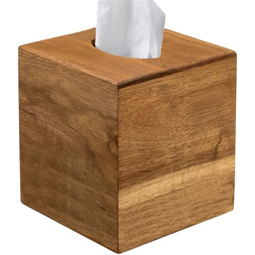 Chicvilla Tissue Box Cover Square Acacia Wood Tissue Box Holder with Slide-Out Bottom Wooden Tissue Box Cover Cube for Bathroom Bedroom Dinner Table 5.5 x 5.5 x 6.1 inches