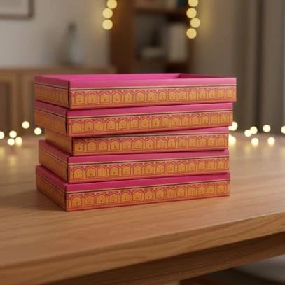 Image of SATYAM KRAFT 6 Pcs Multipurpose Folding Cardboard Gift Box | Premium Paper Hamper Empty DIY Tray for Wedding, Birthday, Gifting, Gift Packaging, Festive Foldable Hampers, Stylish Return Gifts (Without Net) (Dark Pink)