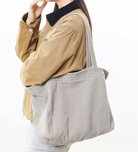 Image of Cotton Tote Handbag Women Canvas Crossbody Beach Bag Hobo Shoulder Tote Bag with 3 External Pocket,Zipper Closure