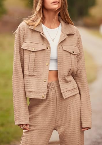 Image of PRETTYGARDEN Womens Two Piece Sets Fall 2026 Long Sleeve Button Down Shacket Jacket Long Sweatpants Tracksuit Winter Clothes