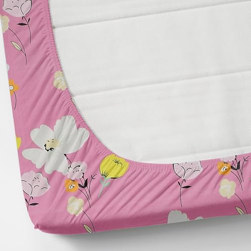 Image of 320 TC Glace Cotton Double King Size Elastic Fitted Bedsheet with 2 Pillow Covers, Size - 78 x 72 (Peach Flower)