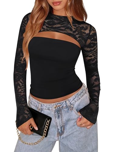 Xuiqx Women's Lace Long Sleeve Going Out Top Sexy Y2K Cute Cut Out Double Lined Slim Night Out Club Party Concert Winter Valentine Outfits (Black Small)