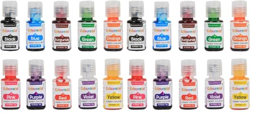 Image of Colourmist Edible Oil Candy Color Assorted 10g each, Pack Of 20 Colours (Black, Pink, Blue, Purple, Burgundy, Red, Green, Violet, Orange, Yellow) for Chocolate & Oil Based Products - BV 3047