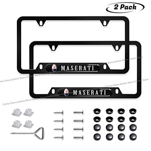 Carfun 2pcs for License Plate Frame,Black Matte Aluminum License Plate with Screw Caps, Upscale Black License Plate Frame for Front and Rear License Plate (for Mase rati Logo)