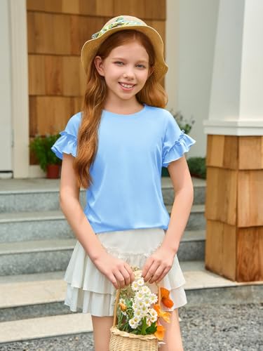 Image of Haloumoning Girls Ruffle Short Sleeve T Shirts Kids Summer Crewneck Tops Cute Tees Blouse 5-14 Years