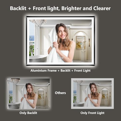 Image of 48x36 LED Bathroom Mirror with Lights, Black Lighted Mirror | Backlit and Front light, Anti-Fog, 3 Color Dimmable, Memory, Tempered Glass, IP54 Waterproof, UL Listed