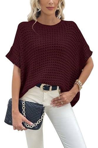 Jumppmile Women's Short Sleeve Waffle Knit Batwing Sleeve Sweater Pullover Sleeveless Oversized Sweater