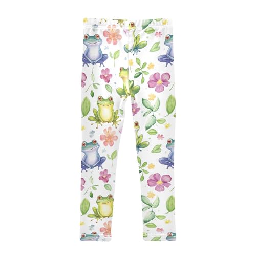 Wusikd Cute Watercolor Frogs Girls' Leggings Toddler Doodles Flowers Kids Yoga Pants Dance Active Tights 4T2