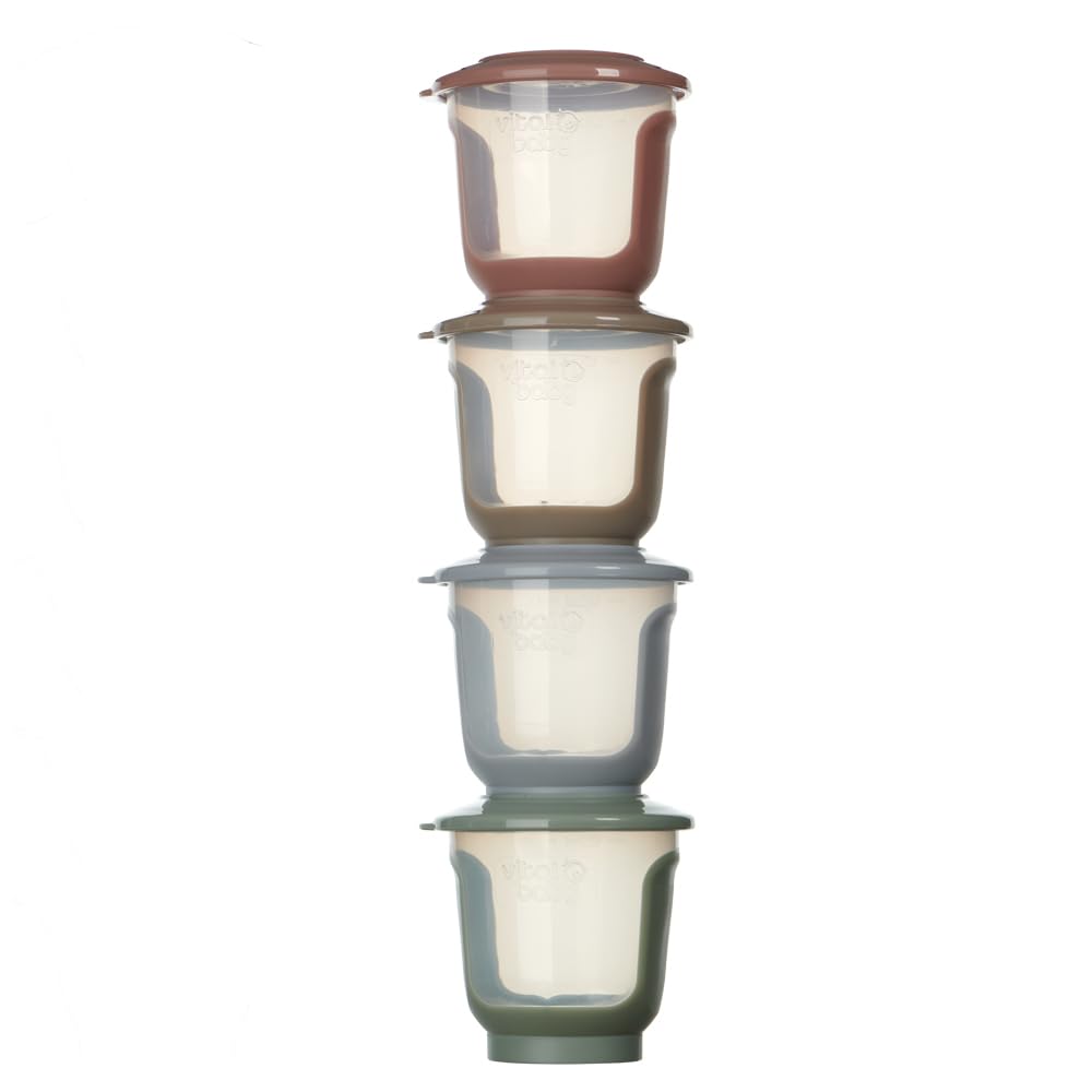 Vital Baby Nourish Store & Wean Food Pots 120ml 4pk 4m+, Leakproof, Stackable, Soft Base, EarthSmart Biodegradable, BPA-Free & Freezer Safe for Baby Food