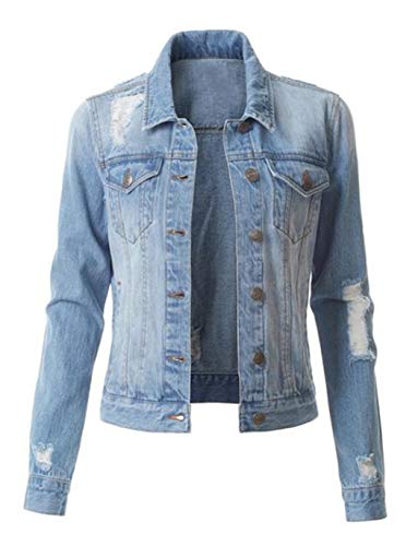 Haellun Women's Casual Lapel Slim Fit Long Sleeve Denim Outercoat Jacket Coat (Large, Light Blue)