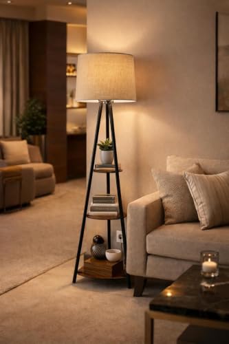 Image of Floor Lamp with Wooden Shelf, Warm White Light, Linen Fabric Shade, Storage Display Design for Living Room, Bedroom and Reading Areas