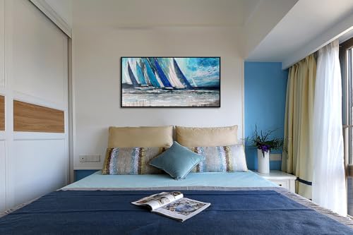 Arjun Framed Wall Art Blue Abstract Wall Art Canvas for Living Room, Teal Coastal Nautical Sailboat Picture Painting Artwork Bedroom Home Office Wall Decor, Black Wood Large 48"x24" - Image 3