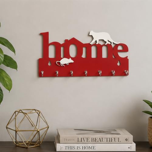 Image of Webelkart Premium Home Keys Wooden Key Holder (29 cm x 13.5 cm x 0.4 cm, Wood) 7 Hook - Decorative Items for Home Decor (Red)