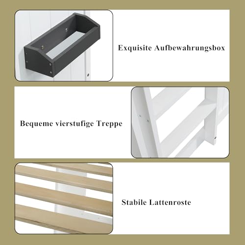 MOBETTRES Etagenbett, Hausbett, mit Treppe, mit Fallschutz und Gitter, Kinderbett mit Fenster, Frei gestaltetes Unterbett, Rahmen aus Kiefer, Kiefer+MDF, Weiß, 90x200cm (A)
