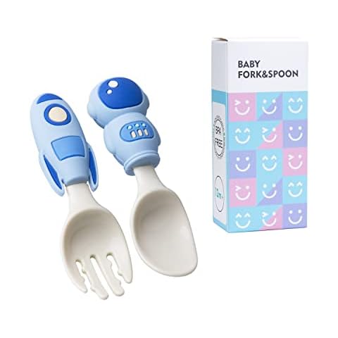 Baby Utensilien Löffel Gabel, Kleinkinder Fütterung Lernlöffel und Gabel, 2PCS Silikon und Edelstahl Kinder Besteckset,BPA-frei Easy Grip Hitzebeständige Babylöffel für Babys über 12 Monate Cover