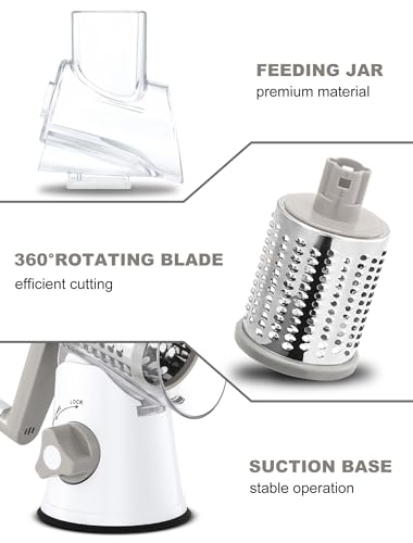 Image of Cheese Grater Rotary, Rotary Grater for Kitchen, Kitchen Grater Vegetable Slicer with 3 Drum Blades, Fast Cutting Cheese Shredder for Vegetables and Nuts